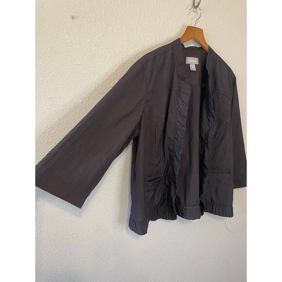 Chico’s Brown Nylon Textured Open Front Ruffle Grandmacore Jacket Size 3 (XL) - Picture 3 of 12